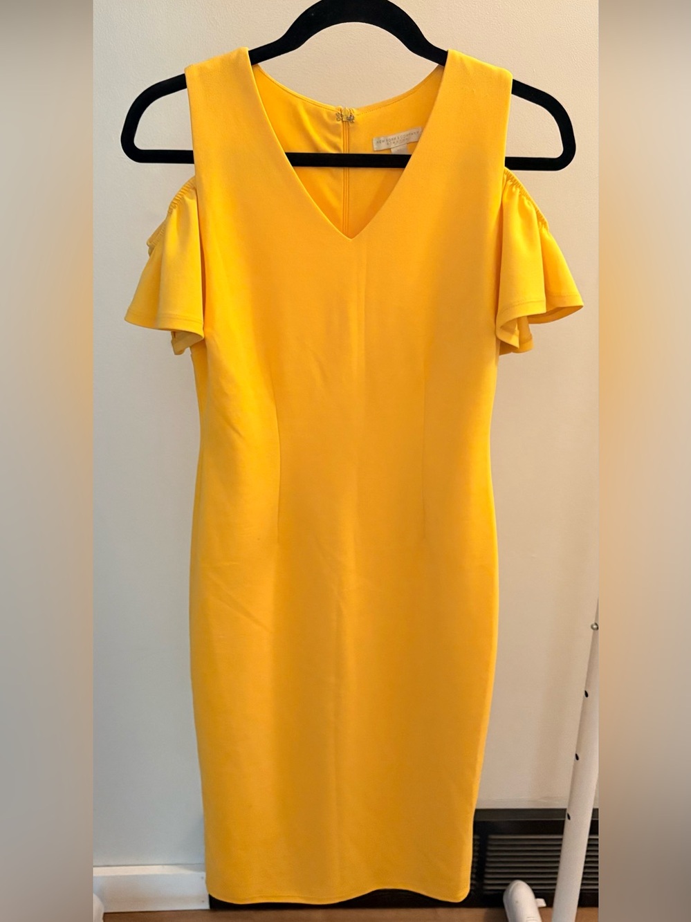 New York & Company Bright Yellow Cold-Shoulder V-Neck Midi Dress